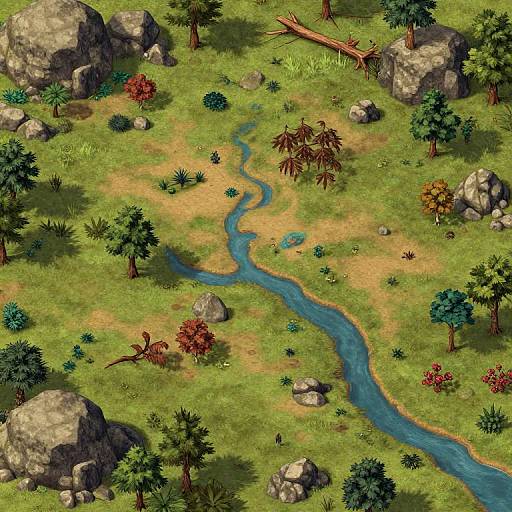 Aerial view of a lush, vibrant forest landscape with a winding blue river, scattered rocks, and colorful trees in digital art style.