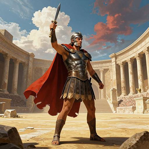 Photorealistic CGI of a muscular Roman gladiator with dark skin, red cape, and silver armor, holding a sword, standing in a sunlit