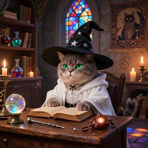 Photorealistic image of a green-eyed cat in a white wizard robe and black witch hat, studying a book at a candlelit wooden desk with a