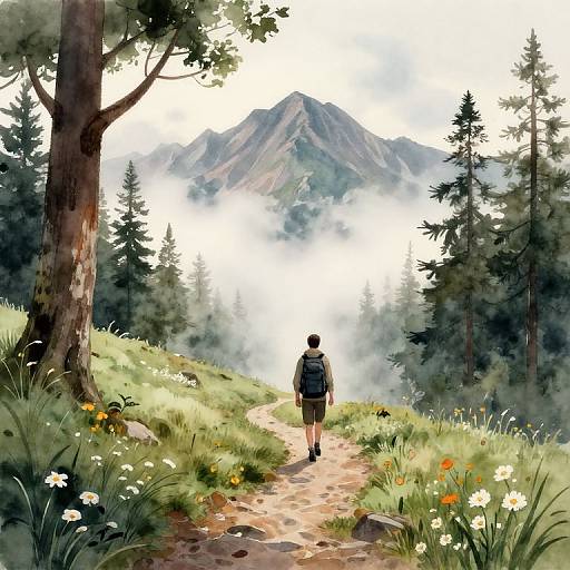Misty Mountain Trail Watercolor Scene