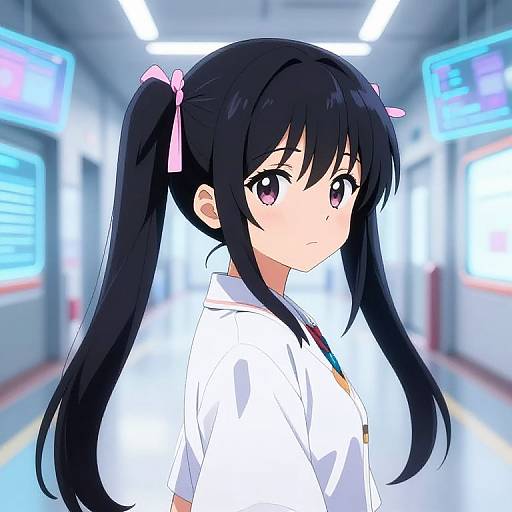 Anime-style digital drawing of a black-haired girl with pink ribbons in pigtails, wearing a white school uniform, in a brightly lit, modern