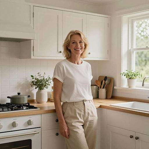 Photograph of smiling middle-aged blonde woman in white t-shirt and beige pants, standing in bright, modern white kitchen with wooden countertops and potted plants
