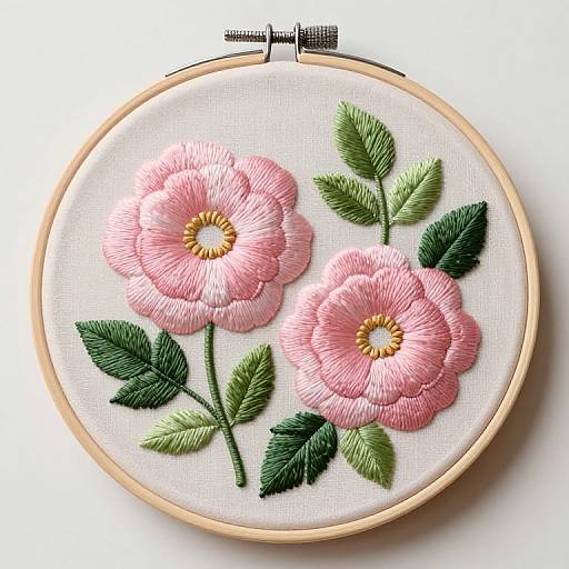 Embroidery hoop with detailed pink flowers and green leaves, featuring textured petals and leaves, in a realistic style.