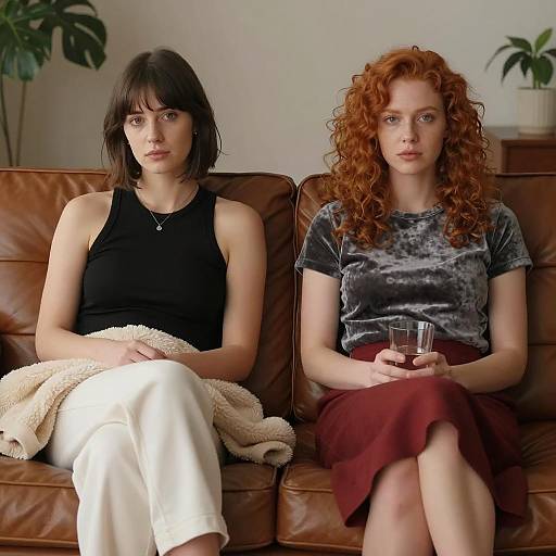Two Women Sitting on Leather Couch