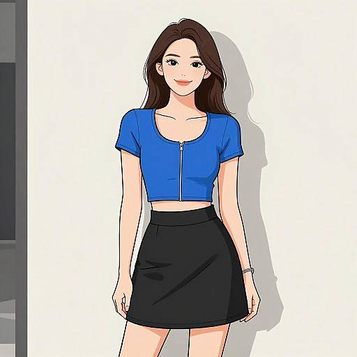 Digital illustration of a smiling woman with long brown hair, wearing a blue cropped top with a zipper and a black skirt, standing against a white background.
