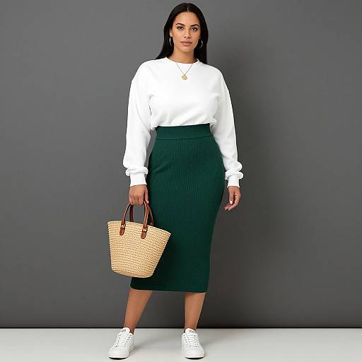 Photograph of a confident woman with long black hair, wearing a white blouse, green ribbed skirt, white sneakers, and holding a woven handbag