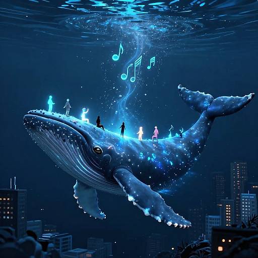 Digital artwork of a massive blue whale swimming underwater, surrounded by small, glowing humanoid figures and musical notes, with a cityscape below.