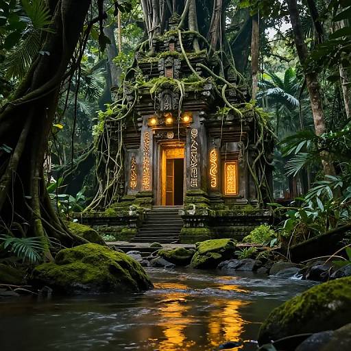 Photograph of a glowing, ancient temple nestled in a dense, tropical jungle, with vines covering the structure and a reflecting stream in the foreground.