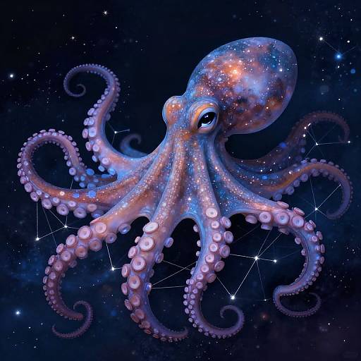 Digital art of a glowing, starry octopus with cosmic patterns, floating in a dark, starry space background. Vibrant blues, purples