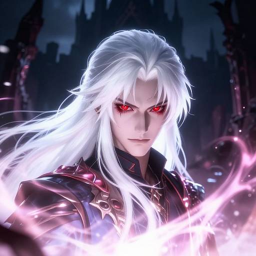 Digital anime artwork of a white-haired, red-eyed male character with glowing pink magic, wearing dark, ornate armor, against a dark, castle-filled