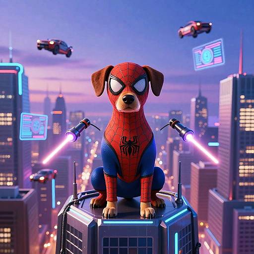 Dog as Spider-Man on Futuristic Skyscraper