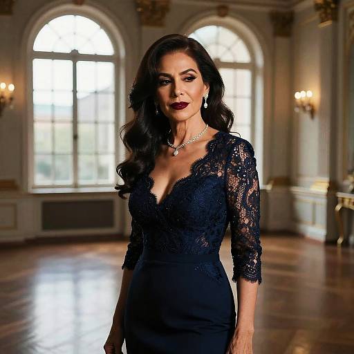 Photograph of a confident woman with long, wavy black hair, wearing a black lace dress, standing in an elegant, sunlit room with large