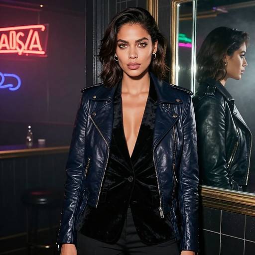 Photograph of a confident woman with medium-dark skin, black wavy hair, wearing a black leather jacket over a deep V-neck black top, standing
