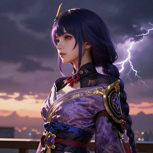 Digital artwork of a purple-haired, anime-style warrior woman with golden armor, braided hair, and a lightning bolt in the stormy sky.