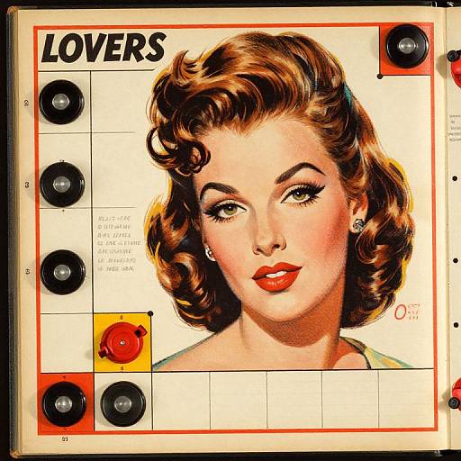 Vintage-style illustration of a red-lipped, brown-haired woman with curled hair, wearing earrings, on a 