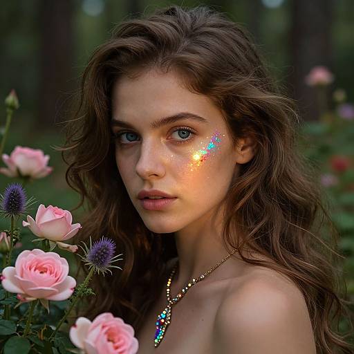 Photograph of a fair-skinned, blue-eyed woman with long brown hair, wearing sparkling face paint, necklace, and surrounded by pink roses and th