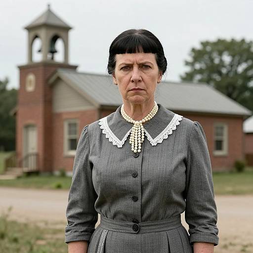 Photograph of an older woman with dark hair in a gray Victorian-style dress with white lace collar and pearl necklace, standing in front of a red brick