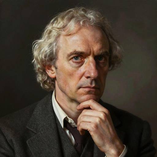 Photograph of an older white man with curly gray hair, wearing a dark suit and white shirt, resting his chin on his hand, against a dark