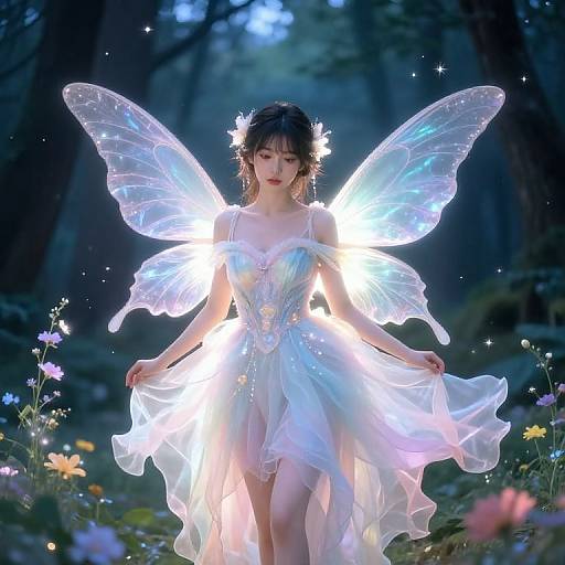 Photograph of a fairy-like woman with glowing, translucent wings, wearing a shimmering, light blue dress, standing in a magical forest filled with colorful