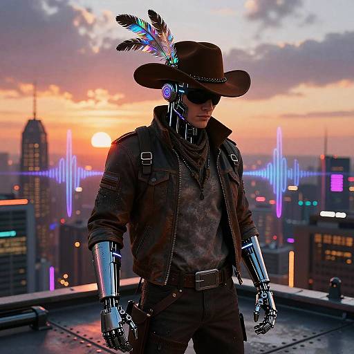 Cyborg cowboy with robotic arms and feathered hat stands on rooftop at sunset, neon cityscape behind, futuristic cyberpunk style.