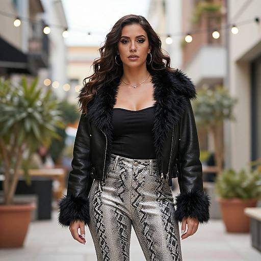 Photograph of a confident woman with long, wavy dark hair, wearing a black fur-trimmed leather jacket, black strapless top, and