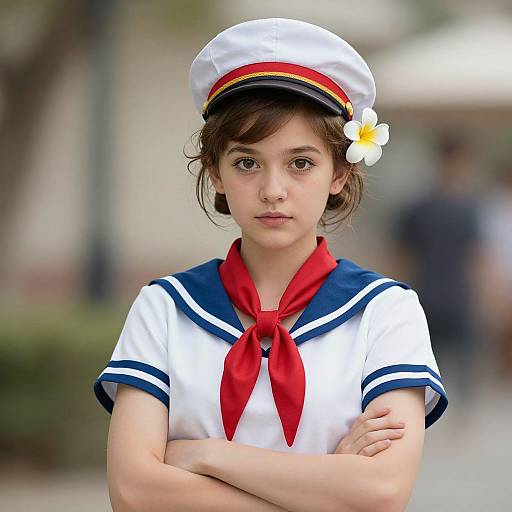 Photograph of a young girl with fair skin, brown eyes, and short brown hair, wearing a white sailor uniform with red scarf and hat adorned with