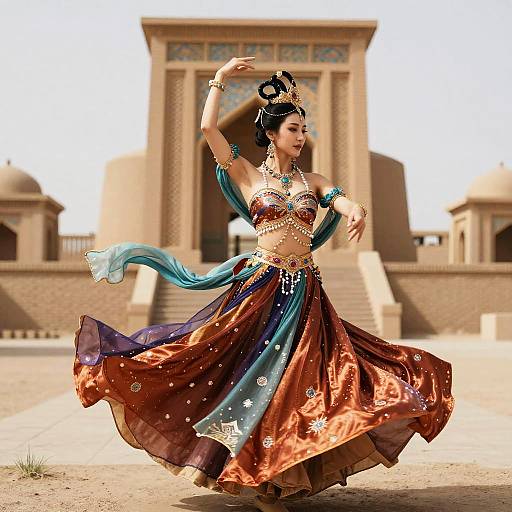 Photograph of a female belly dancer in an ornate, colorful outfit with blue and orange fabric, gold jewelry, and a black headpiece, performing