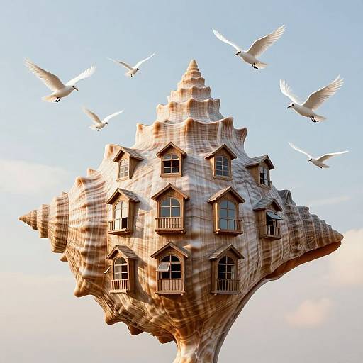 Photorealistic CGI of a seashell-shaped house with six small, peaked windows, surrounded by flying white seagulls against a clear blue sky