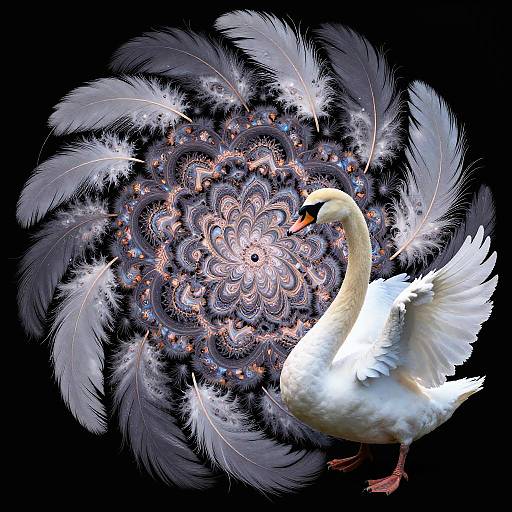Digital art of a white swan with curled wings, surrounded by glowing, intricate mandala feathers and sparkling details on a black background.