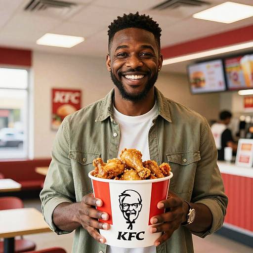 Smiling Black man with short curly hair, beard, green shirt, white tee, holding red KFC bucket of fried chicken. Restaurant background. Phot