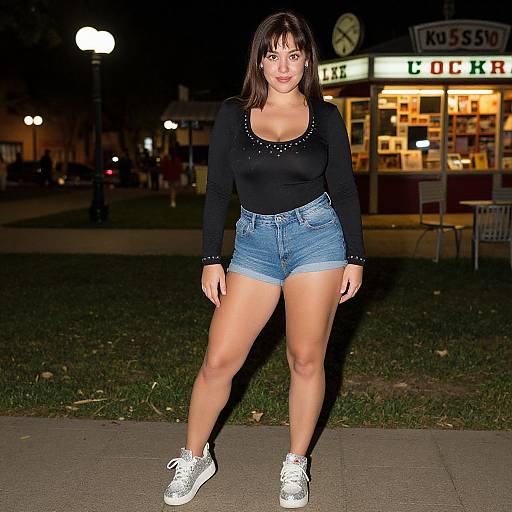 Nighttime photograph of a young woman with fair skin, dark brown hair, wearing a black long-sleeve top, high-waisted denim shorts