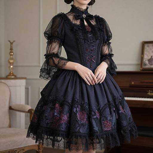 Photograph of a woman in an elaborate black lace Victorian-style dress with floral patterns, standing in a vintage living room.