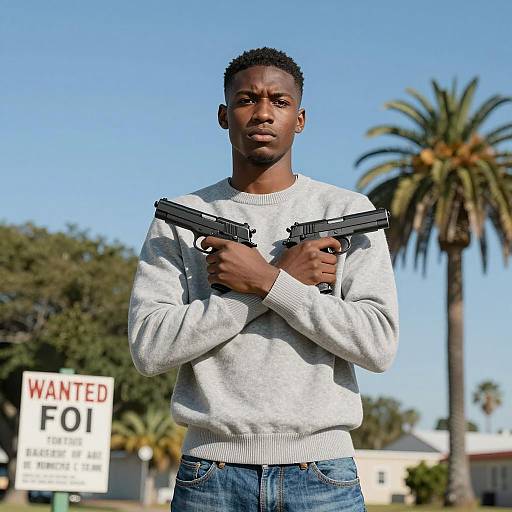 Intense Young Black Man Under Palm Trees