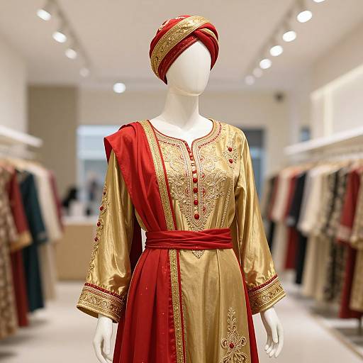 Photograph of a white mannequin wearing a gold and red traditional embroidered dress with matching headscarf, displayed in a brightly lit clothing store.
