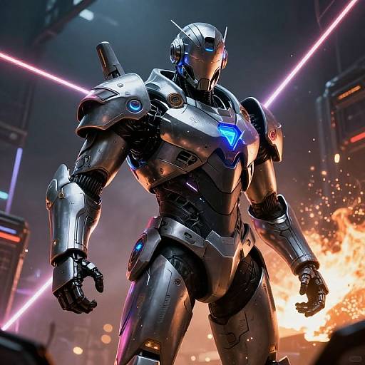 CGI image of a futuristic, silver armored robot with glowing blue chest emblem, standing in a neon-lit, explosive urban battlefield.