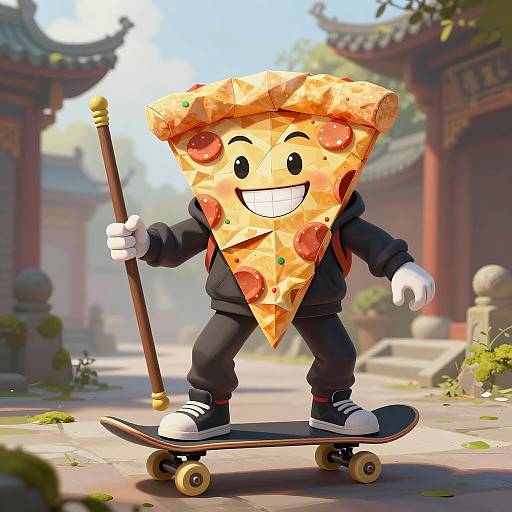Skateboarding Pizza Slice in Ancient Temple