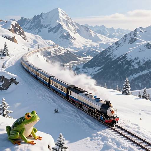 Photorealistic CGI: Snowy mountain landscape with a curving train, black and white, steam billowing, green frog in foreground, clear blue