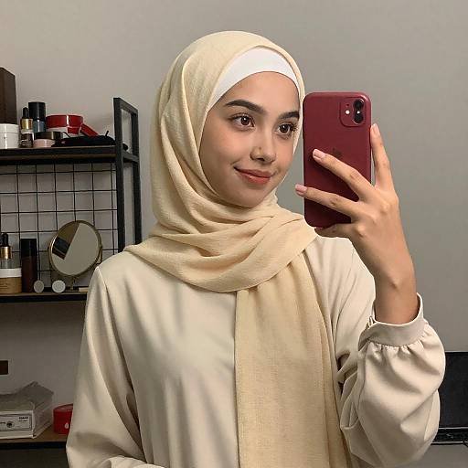 Young Woman in Beige Hijab Selfie