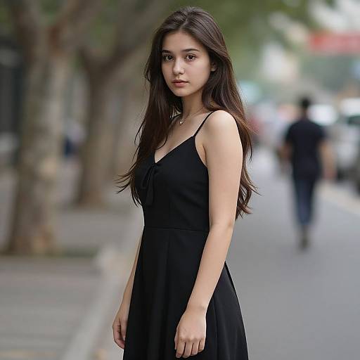Photograph of a young Asian woman with long dark hair, wearing a black sleeveless dress, standing on a blurred urban street.