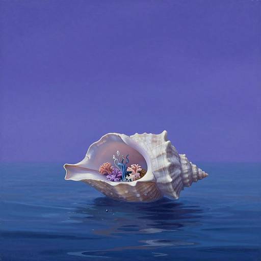 Photograph of a white, ribbed seashell with colorful coral and sea anemone inside, floating on calm blue ocean water against a solid