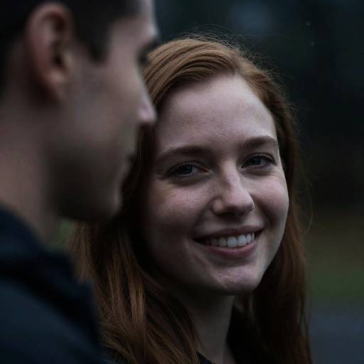 Smiling Woman with Reddish Hair and Blurred Man