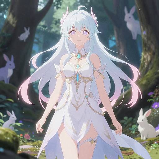 Anime-style digital artwork of a white-haired, purple-eyed girl in a white, ornate dress, standing in a lush, enchanted forest with floating rabbits