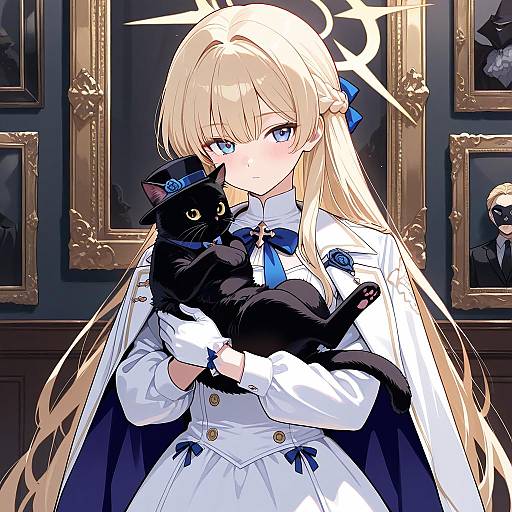 Blonde Girl Holding Black Cat with Halo
