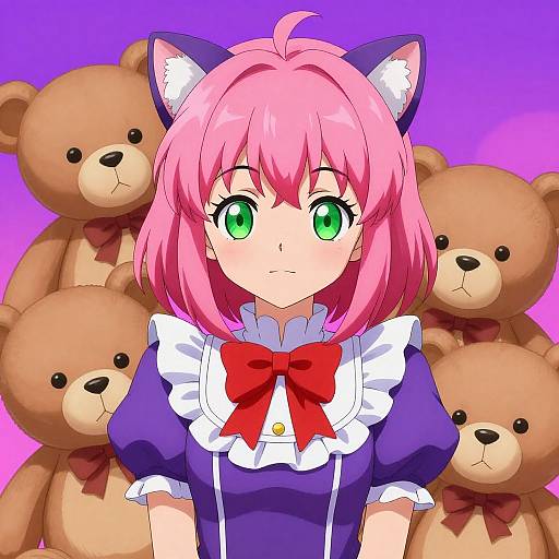 Anime-style digital illustration of a pink-haired girl with green eyes, cat ears, and a blue dress with white frills, surrounded by four brown ted
