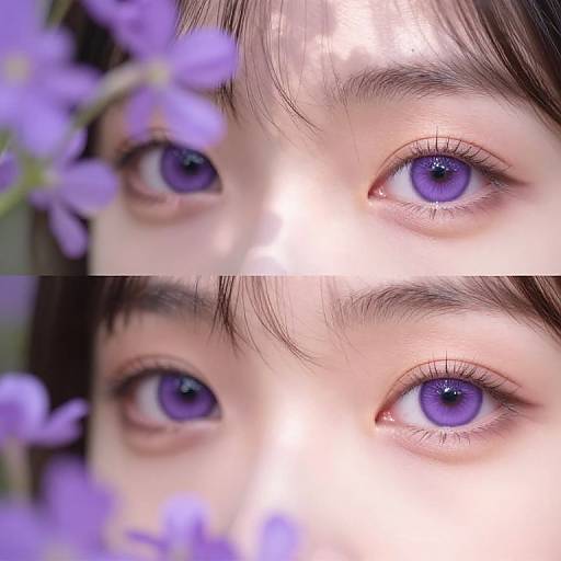 Close-up photograph of an Asian child's vibrant purple eyes, framed by soft purple flowers, with two identical views stacked vertically.