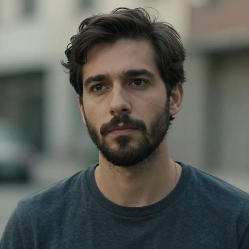 Photograph of a young man with dark, wavy hair, a full beard, and intense brown eyes, wearing a gray sweatshirt, standing in