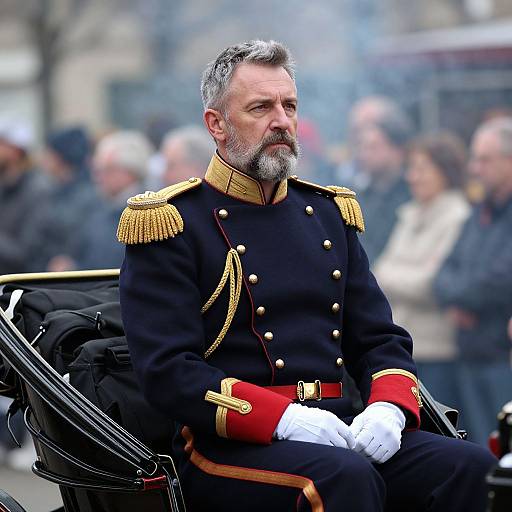 Photograph of a gray-bearded, middle-aged man in a black military uniform with gold epaulettes and red gloves, seated on a black