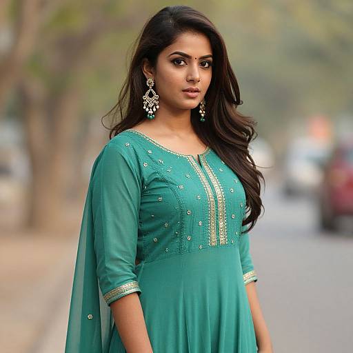 Photograph of a beautiful Indian woman with long dark hair, wearing a green salwar kameez with gold embroidery and matching earrings, standing on a