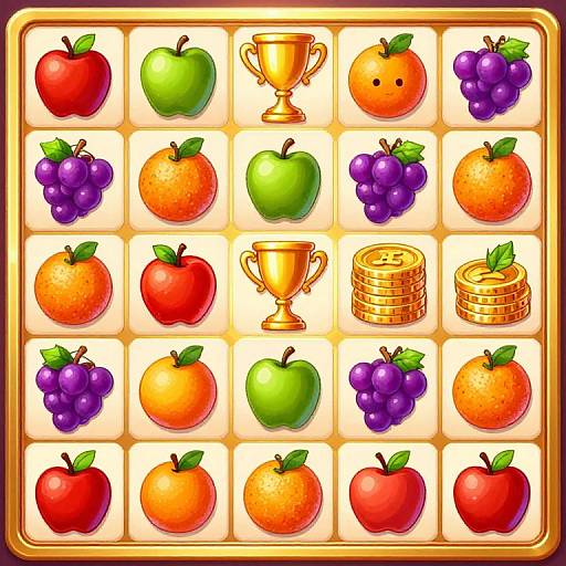 Digital illustration of a grid with red apples, green apples, purple grapes, orange fruits, gold coins, and gold trophy.