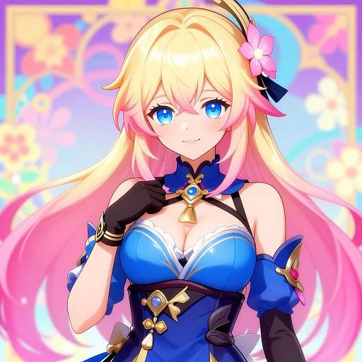 Digital anime-style drawing of a blonde, blue-eyed girl with pink hair, wearing a blue and black fantasy dress, smiling, against a colorful, spark